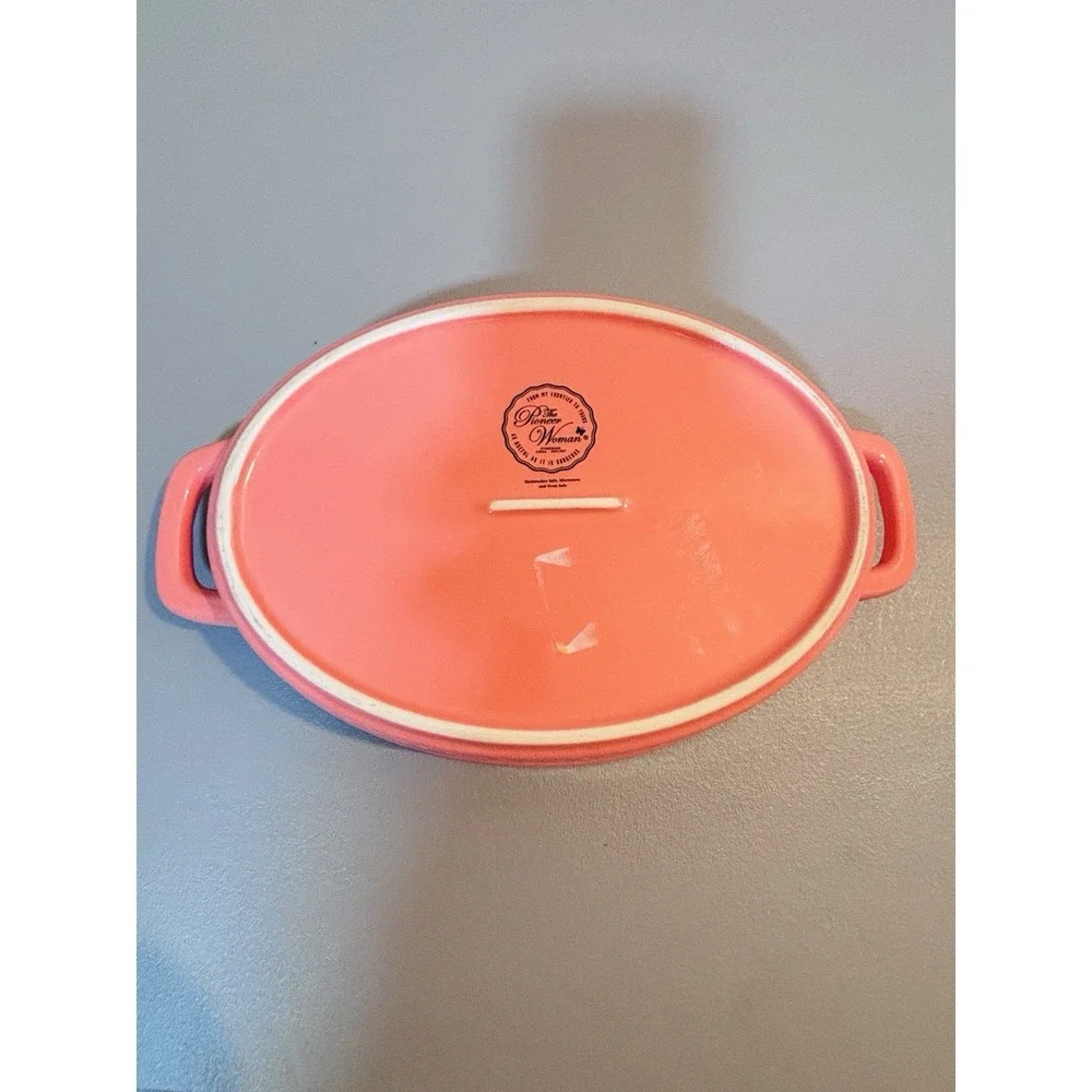 Pioneer Woman Peach Floral Stoneware Baking Dish Handle Flowers Pretty Blue Pink